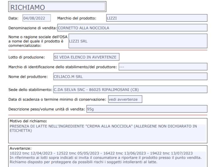 richiamo prodotti forno