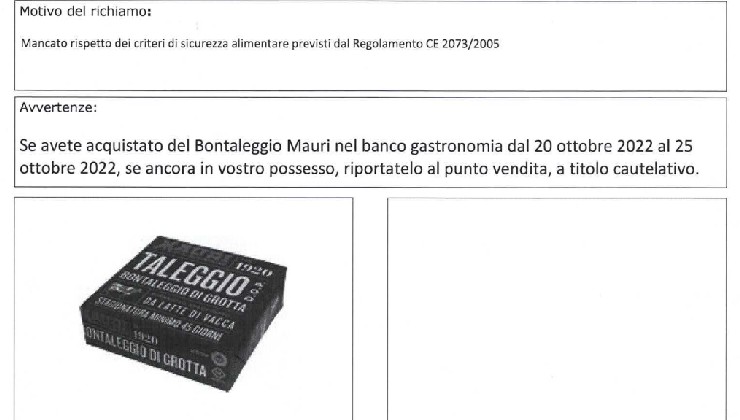 Taleggio ritirato mancata sicurezza alimentare